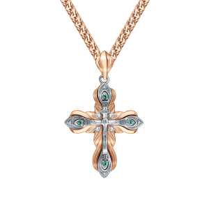 Золотой крестик с бриллиантами природными и изумрудами