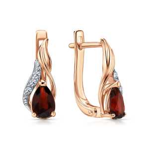 Золотые серьги с бриллиантами природными и гранатами природными